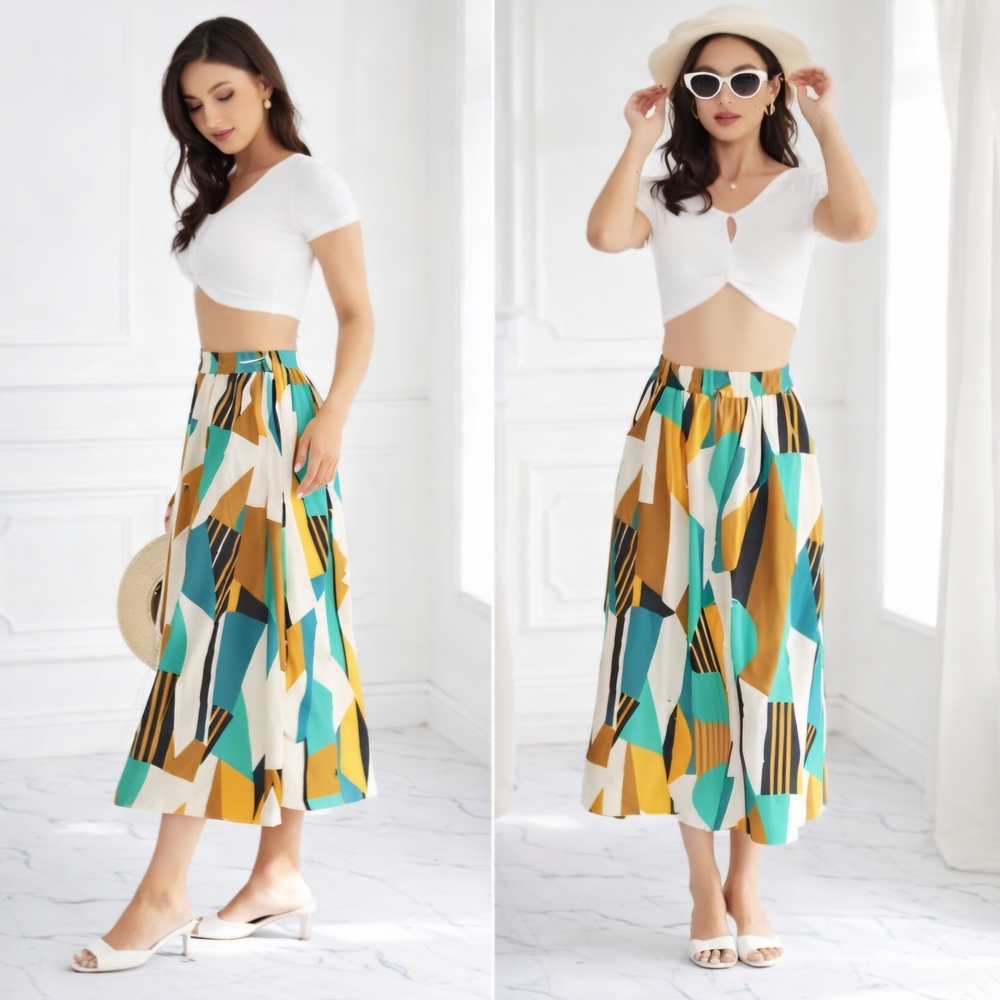 MKIASRYFSD Geometric Printed Elastic Waist Pull On Skirt with Pockets Size L